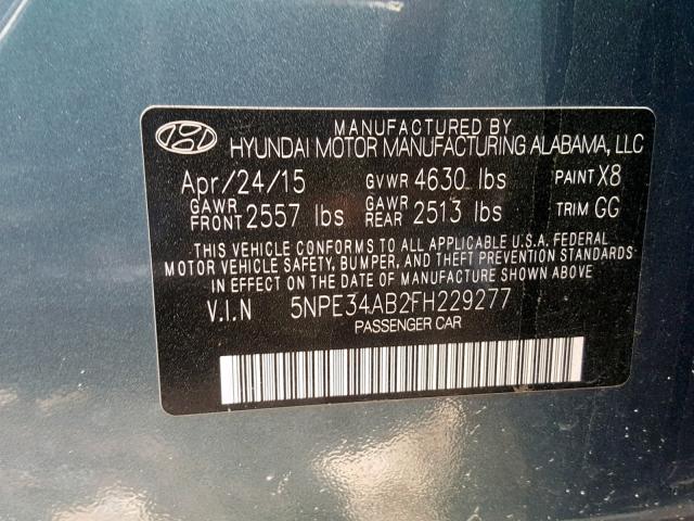 5NPE34AB2FH229277 - 2015 HYUNDAI SONATA SPO BLUE photo 10