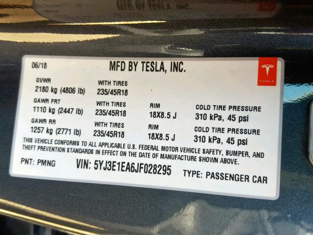 5YJ3E1EA6JF028295 - 2018 TESLA MODEL 3 GRAY photo 10