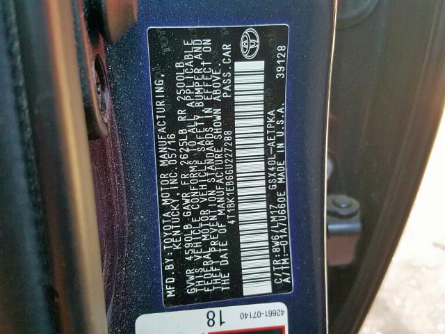 4T1BK1EB6GU227288 - 2016 TOYOTA AVALON XLE BLACK photo 10