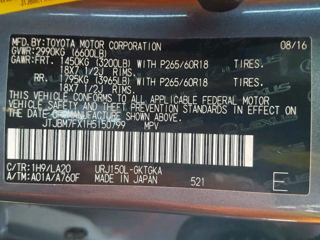 JTJBM7FX1H5150799 - 2017 LEXUS GX GRAY photo 10