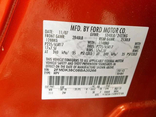 2FMDK38C08BA35266 - 2008 FORD EDGE SEL ORANGE photo 10