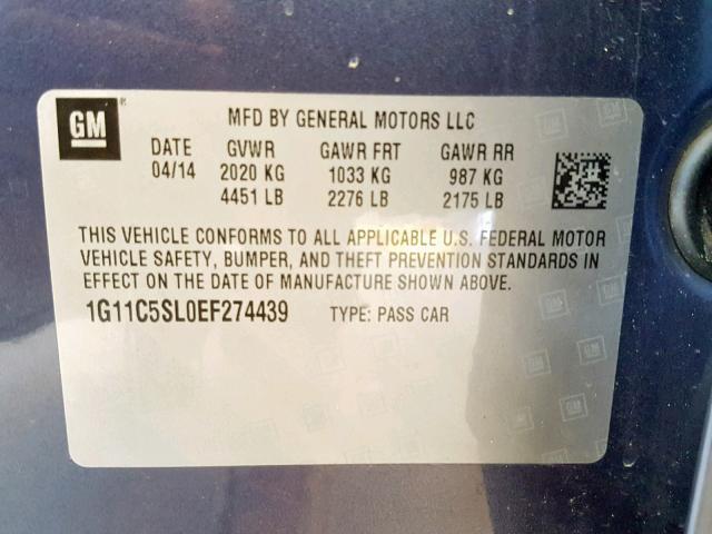 1G11C5SL0EF274439 - 2014 CHEVROLET MALIBU 1LT BLUE photo 10