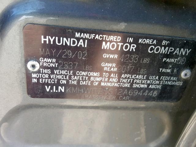 KMHWF25S12A694446 - 2002 HYUNDAI SONATA GL GRAY photo 10