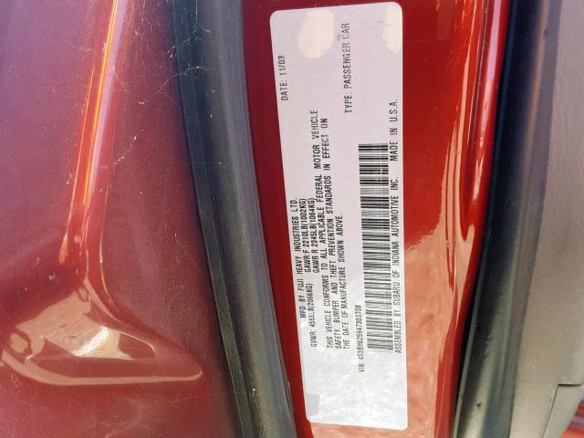 4S3BH625947303708 - 2004 SUBARU LEGACY L S BURGUNDY photo 10