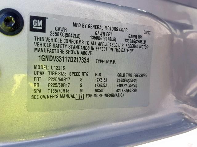 1GNDV33117D217334 - 2007 CHEVROLET UPLANDER L 银色 照片 10