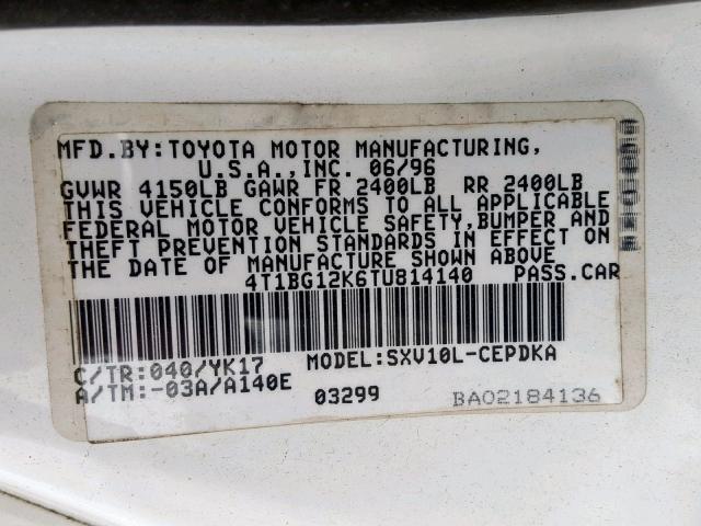 4T1BG12K6TU814140 - 1996 TOYOTA CAMRY DX WHITE photo 10