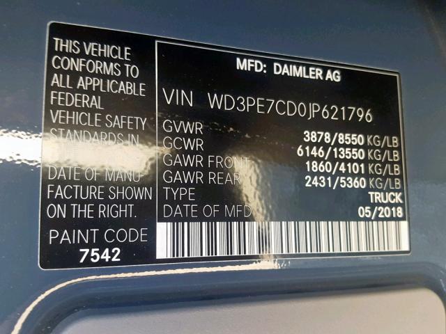 WD3PE7CD0JP621796 - 2018 FREIGHTLINER SPRINTER 2 GRAY photo 10