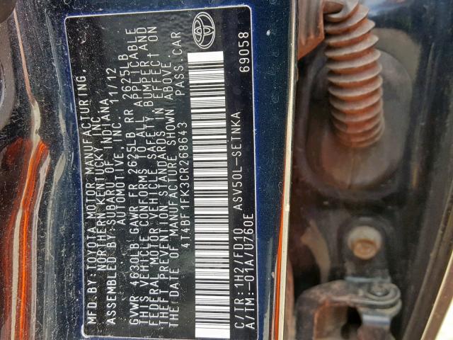 4T4BF1FK3CR268643 - 2012 TOYOTA CAMRY BASE 黑色 照片 10