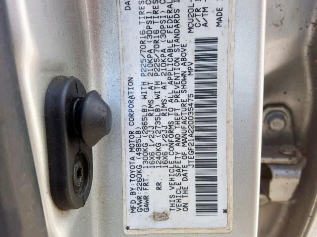 JTEGF21A220035475 - 2002 TOYOTA HIGHLANDER SILVER photo 10