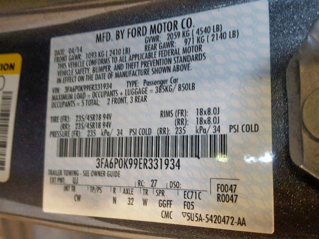 3FA6P0K99ER331934 - 2014 FORD FUSION TIT GRAY photo 10