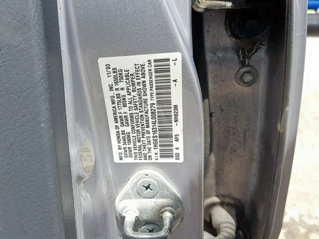 1HGES16314L008279 - 2004 HONDA CIVIC DX V SILVER photo 10