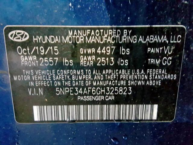 5NPE34AF6GH325823 - 2016 HYUNDAI SONATA SPO BLUE photo 10