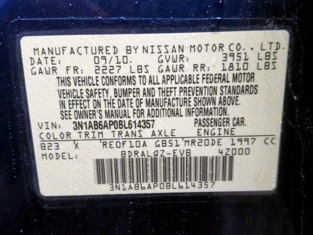 3N1AB6AP0BL614357 - 2011 NISSAN SENTRA 2.0 BLUE photo 10