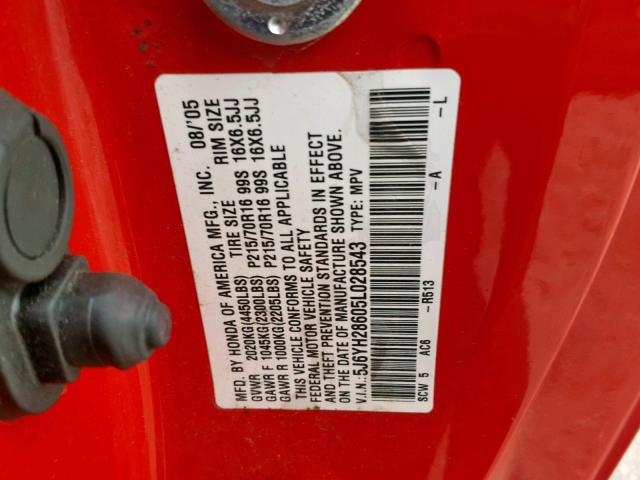 5J6YH28605L028543 - 2005 HONDA ELEMENT EX RED photo 10