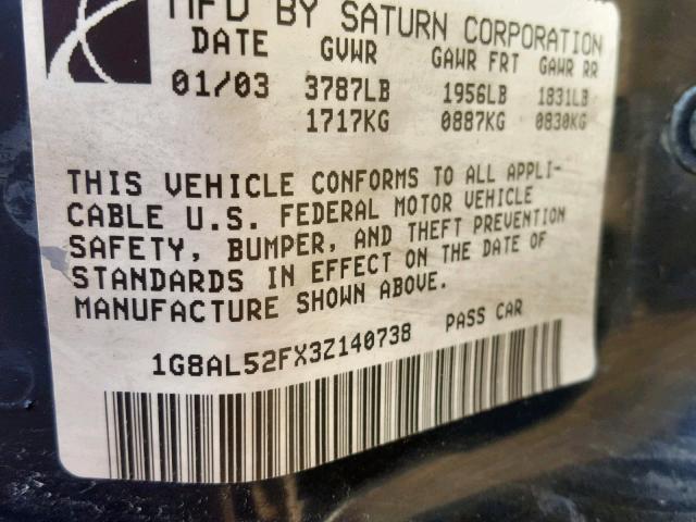 1G8AL52FX3Z140738 - 2003 SATURN ION LEVEL SILVER photo 10
