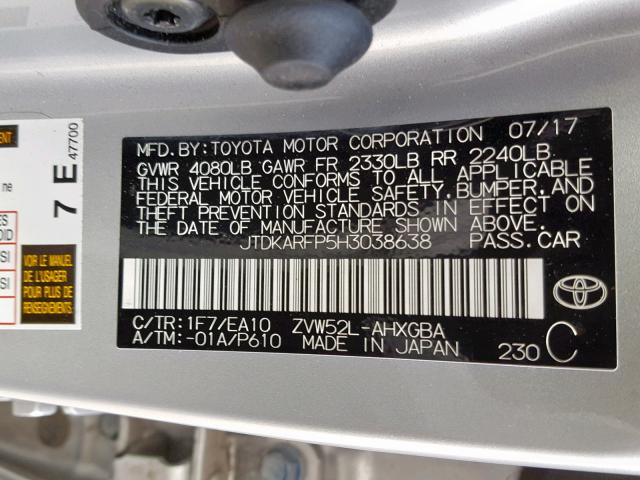 JTDKARFP5H3038638 - 2017 TOYOTA PRIUS PRIM 银色 照片 10