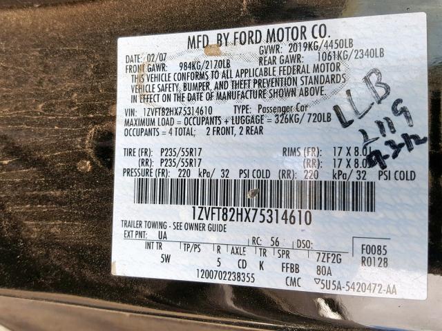 1ZVFT82HX75314610 - 2007 FORD MUSTANG GT BLACK photo 10