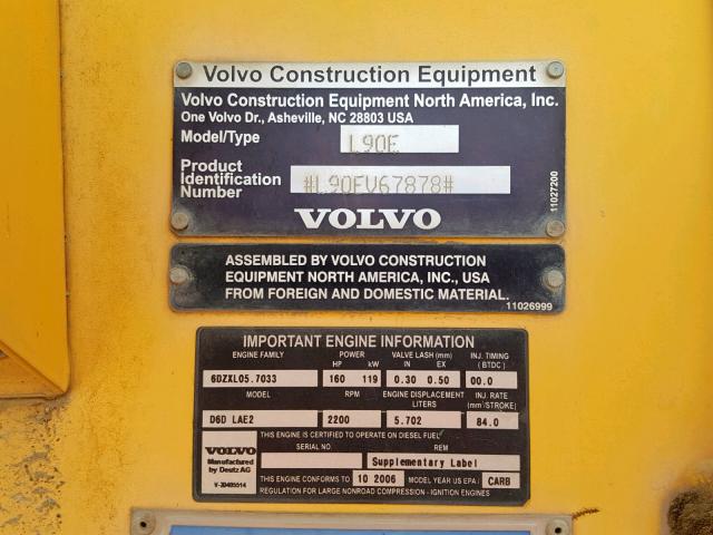 L90EV67878 - 2006 VOLVO L90E YELLOW photo 10