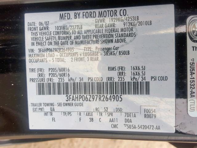 3FAHP06Z97R264905 - 2007 FORD FUSION S BLACK photo 10