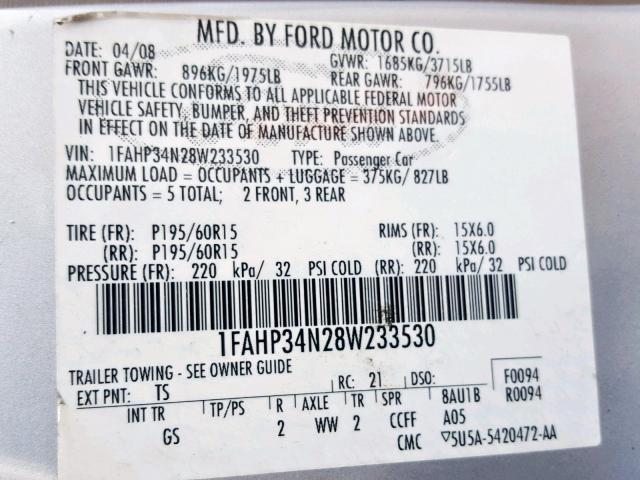 1FAHP34N28W233530 - 2008 FORD FOCUS S/SE SILVER photo 10