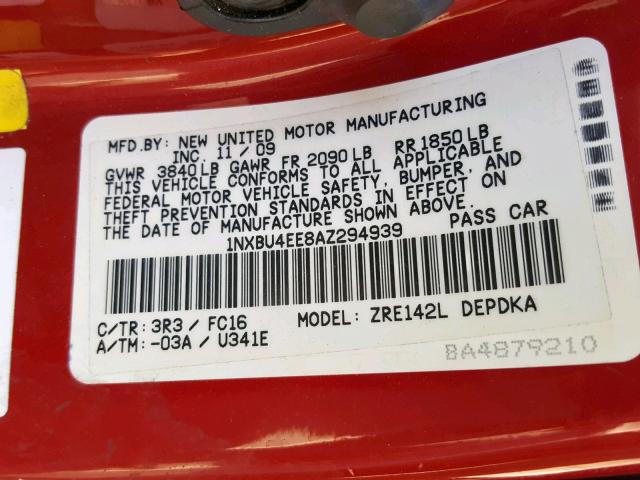 1NXBU4EE8AZ294939 - 2010 TOYOTA COROLLA BA RED photo 10