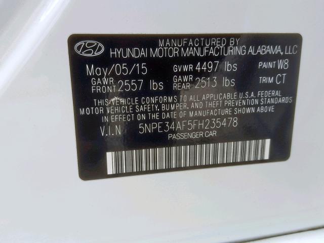 5NPE34AF5FH235478 - 2015 HYUNDAI SONATA SPO WHITE photo 10