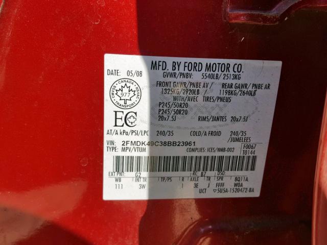 2FMDK49C38BB23961 - 2008 FORD EDGE LIMIT RED photo 10