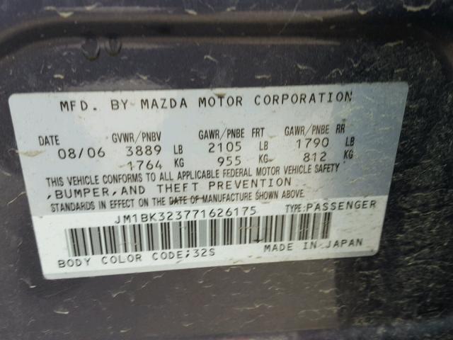 JM1BK323771626175 - 2007 MAZDA 3 S GRAY photo 10