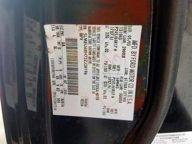 5LMEU68H73ZJ38196 - 2003 LINCOLN AVIATOR 黑色 照片 10