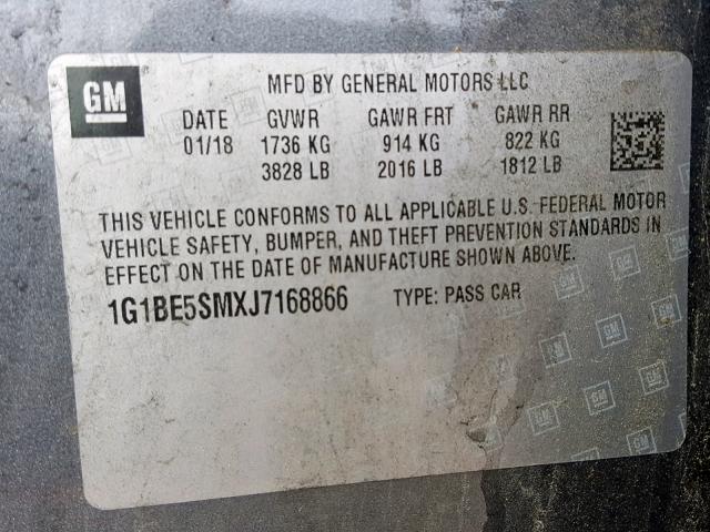 1G1BE5SMXJ7168866 - 2018 CHEVROLET CRUZE LT GRAY photo 10