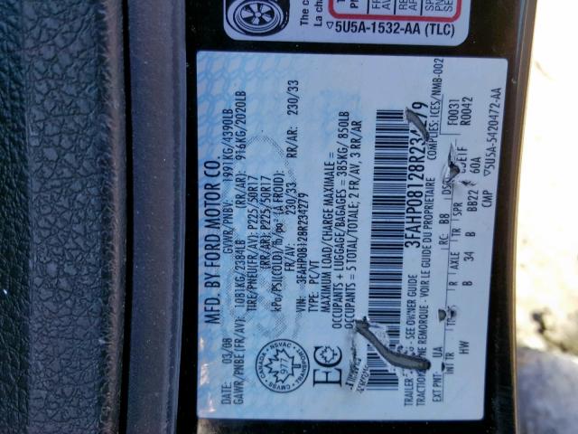 3FAHP08128R234279 - 2008 FORD FUSION SEL BLACK photo 10