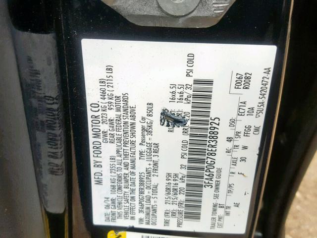 3FA6P0G78ER388925 - 2014 FORD FUSION S BLACK photo 10