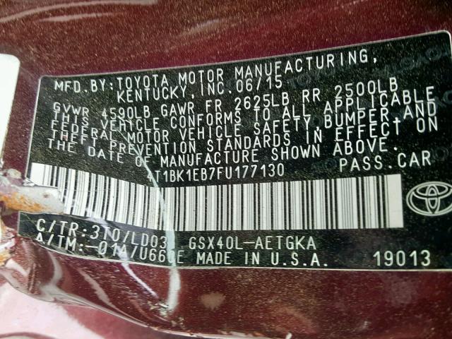 4T1BK1EB7FU177130 - 2015 TOYOTA AVALON XLE BURGUNDY photo 10