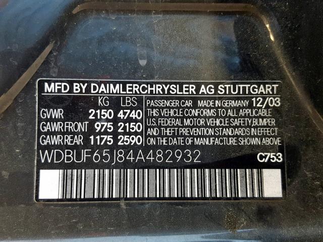 WDBUF65J84A482932 - 2004 MERCEDES-BENZ E 320 CHARCOAL photo 10