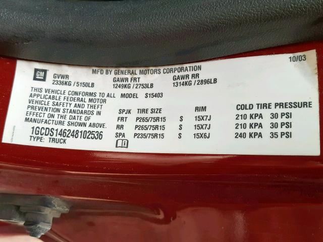 1GCDS146248102536 - 2004 CHEVROLET COLORADO RED photo 10