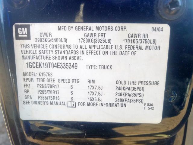 1GCEK19T04E335349 - 2004 CHEVROLET SILVERADO BLUE photo 10