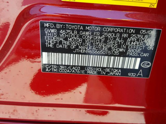 JTHBN96S665015135 - 2006 LEXUS GS GENERAT RED photo 10