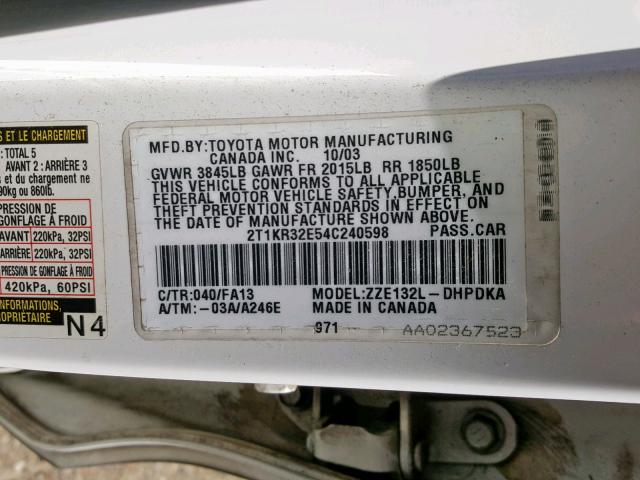 2T1KR32E54C240598 - 2004 TOYOTA MATRIX 白色 照片 10