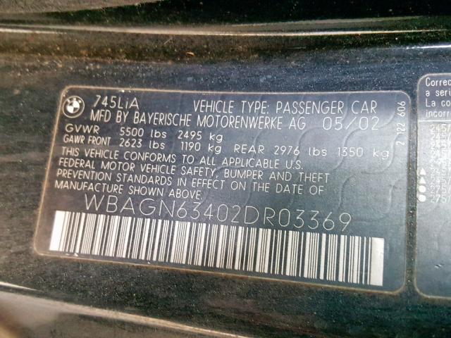 WBAGN63402DR03369 - 2002 BMW 745 LI BLACK photo 10