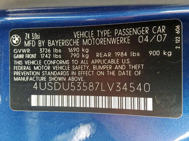 4USDU53587LV34540 - 2007 BMW Z4 3.0SI BLUE photo 10