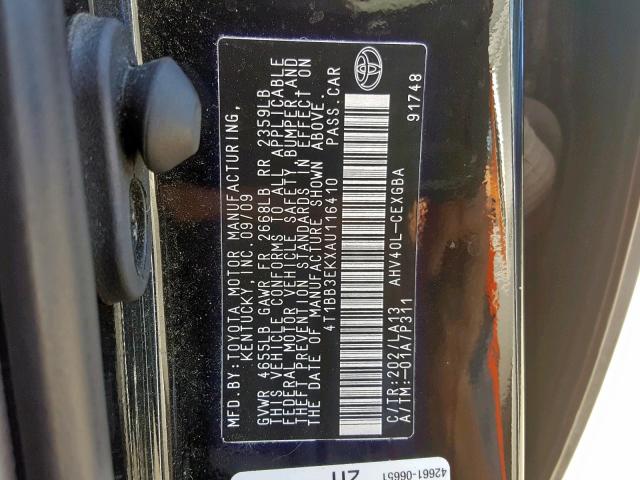 4T1BB3EKXAU116410 - 2010 TOYOTA CAMRY HYBR BLACK photo 10