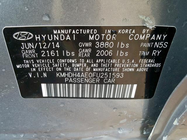 KMHDH4AE0FU251593 - 2015 HYUNDAI ELANTRA SE GRAY photo 10