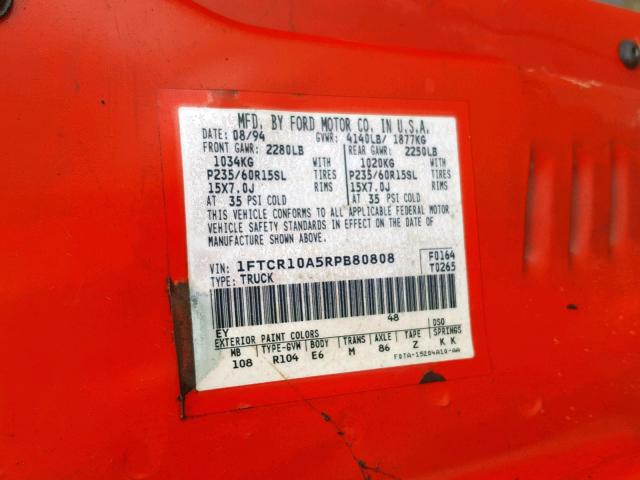 1FTCR10A5RPB80808 - 1994 FORD RANGER RED photo 10