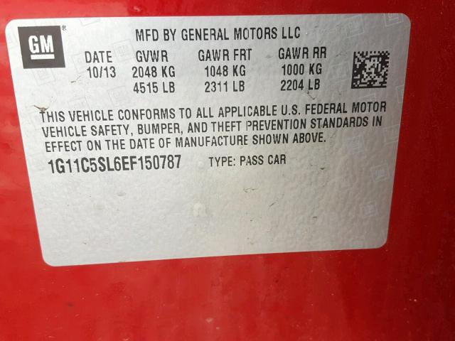 1G11C5SL6EF150787 - 2014 CHEVROLET MALIBU 1LT RED photo 10