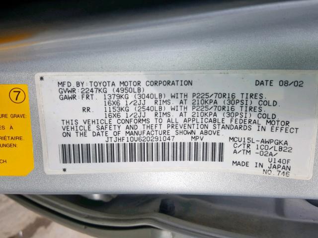 JTJHF10U620291047 - 2002 LEXUS RX 300 SILVER photo 10