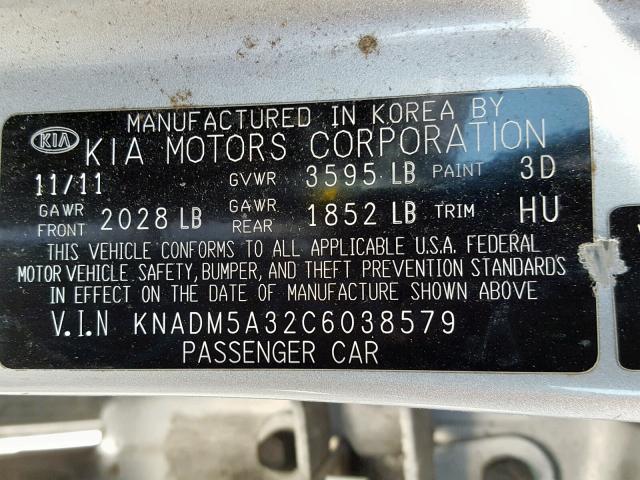 KNADM5A32C6038579 - 2012 KIA RIO LX SILVER photo 10