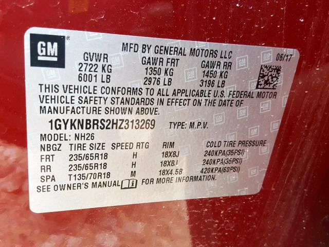 1GYKNBRS2HZ313269 - 2017 CADILLAC XT5 LUXURY RED photo 10