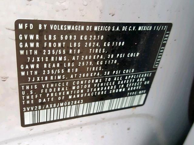 3VV2B7AX8JM082843 - 2018 VOLKSWAGEN TIGUAN SE WHITE photo 10