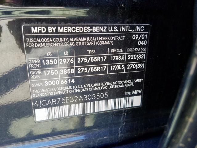 4JGAB75E32A303505 - 2002 MERCEDES-BENZ ML 500  photo 10