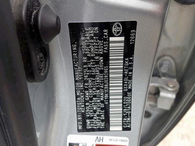 4T1BK1EB8JU282865 - 2018 TOYOTA AVALON XLE SILVER photo 10